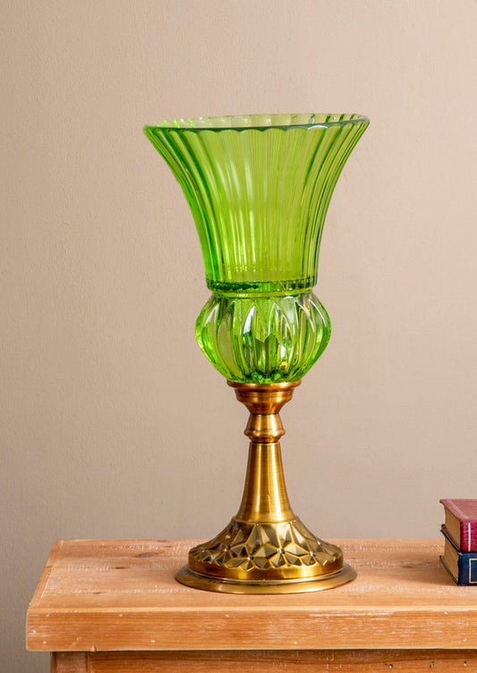 Ribbed Trumpet Glass Vase - Green
