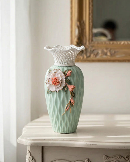 Lattice Rim Porcelain Vase - Green