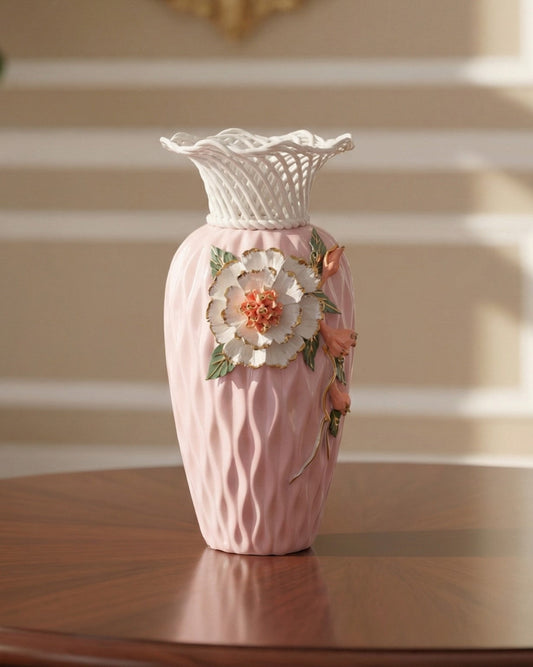 Lattice Rim Porcelain Vase - Pink