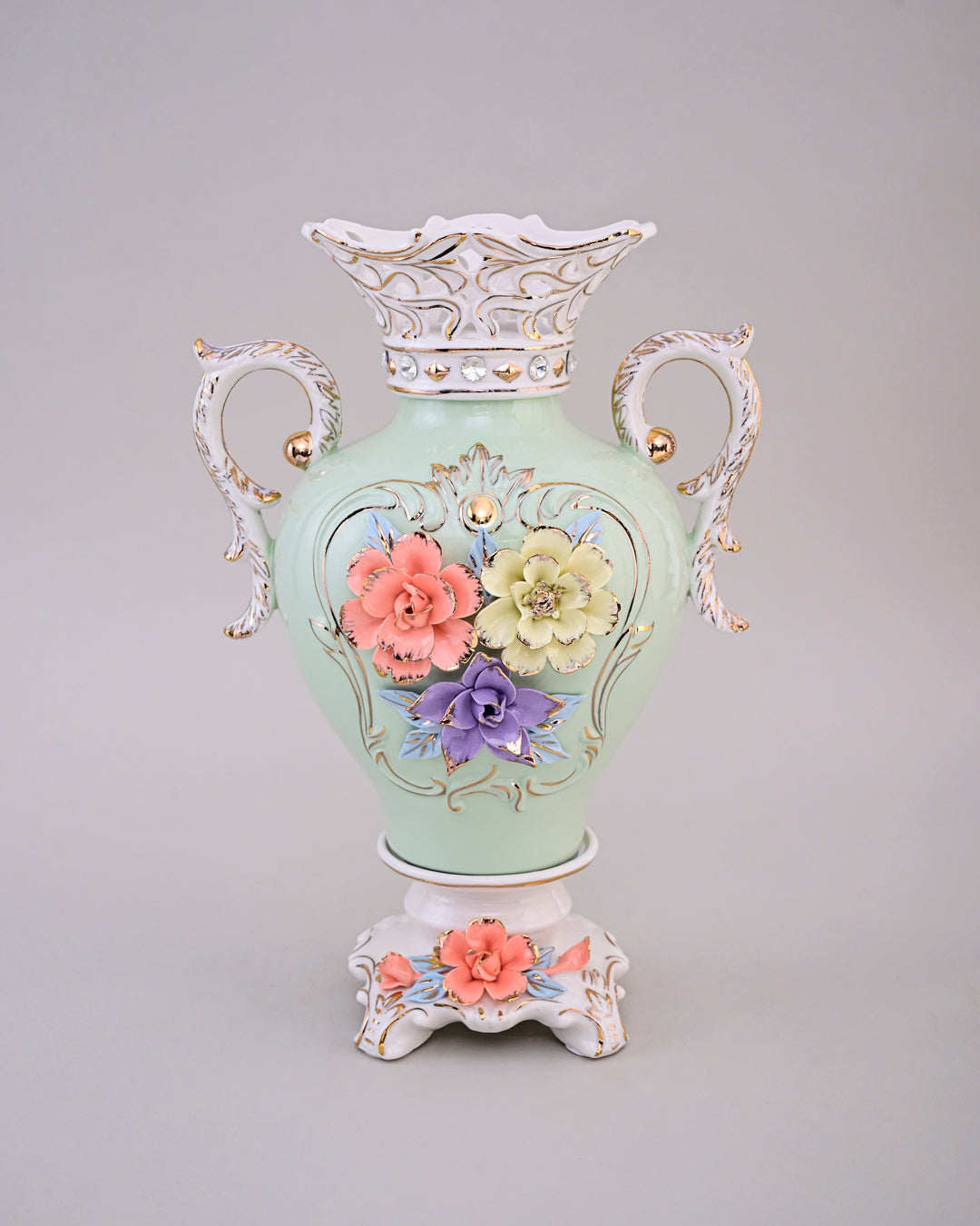 Vintage Floral Porcelain Vase with Handles - Sky Blue