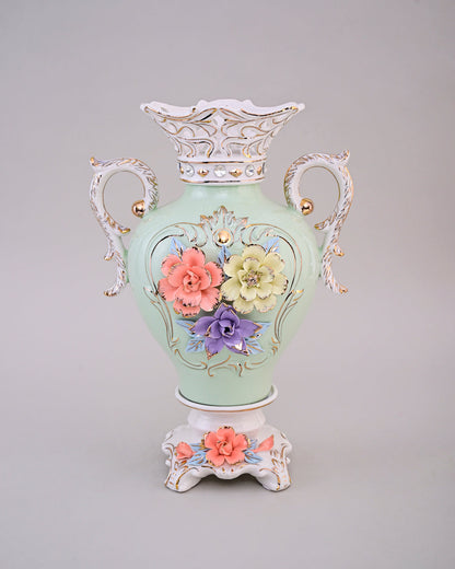 Vintage Floral Porcelain Vase with Handles - Sky Blue