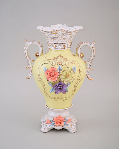 Vintage Floral Porcelain Vase with Handles - Yellow