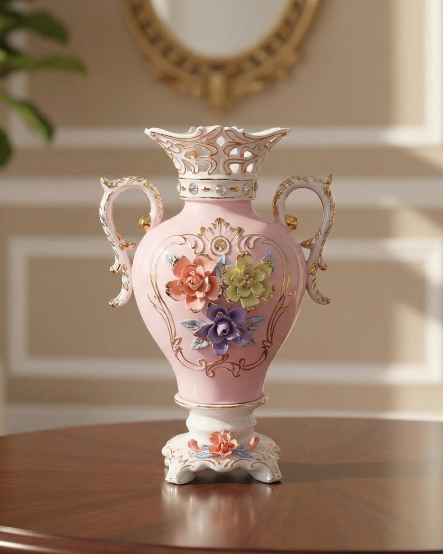 Vintage Floral Porcelain Vase with Handles - Pink
