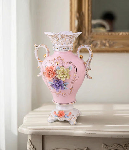 Vintage Floral Porcelain Vase with Handles - Pink